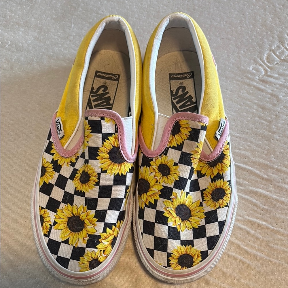 Vans Yellow and Pink Slip-On Sneakers with Checkerboard Design
